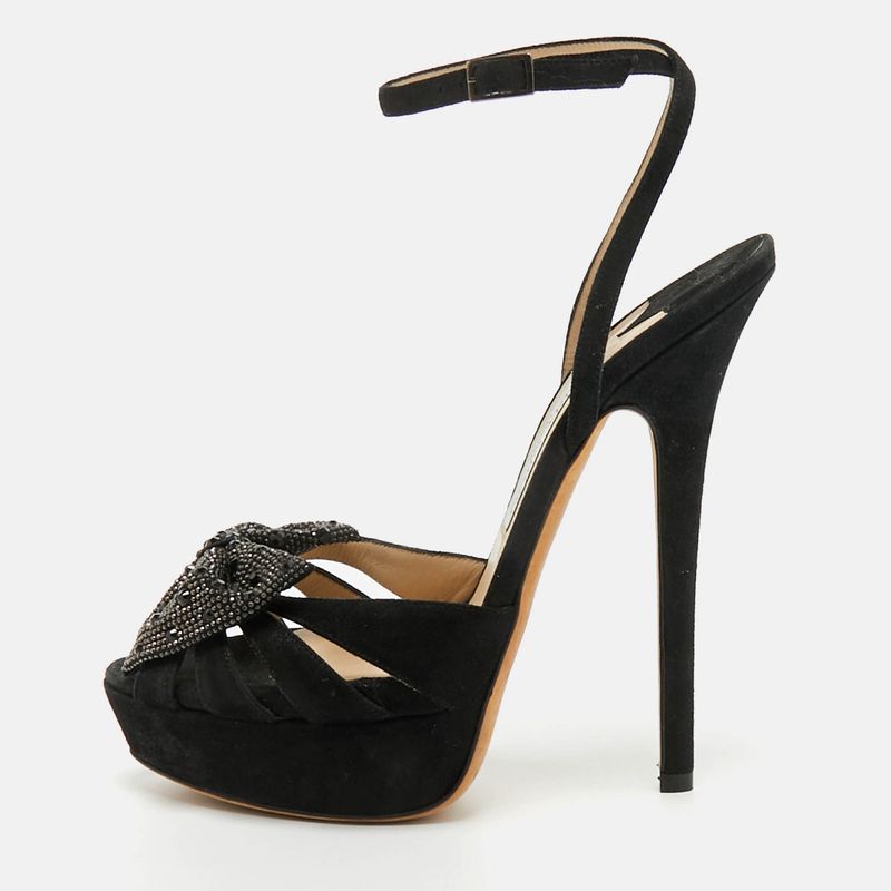 Jimmy Choo Size 38.5 Black Suede Bow Crystal Embellished Ankle Strap Platform